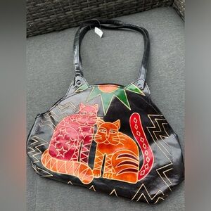 NWT Black Leather Tote with Colorful Cat Artwork
